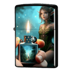 森の中のエルフが持つ火が付いたジッポーライターZIPPO