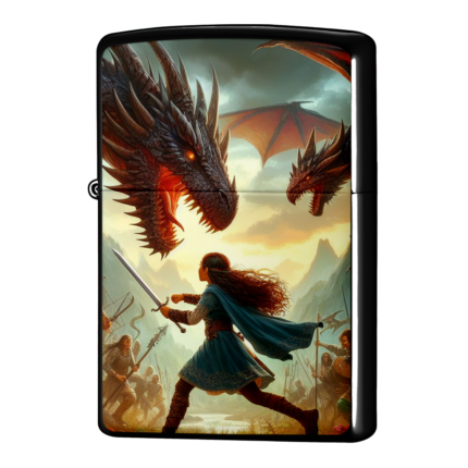 兵士と街を守るエルフがドラゴンと闘うジッポーライターZIPPO