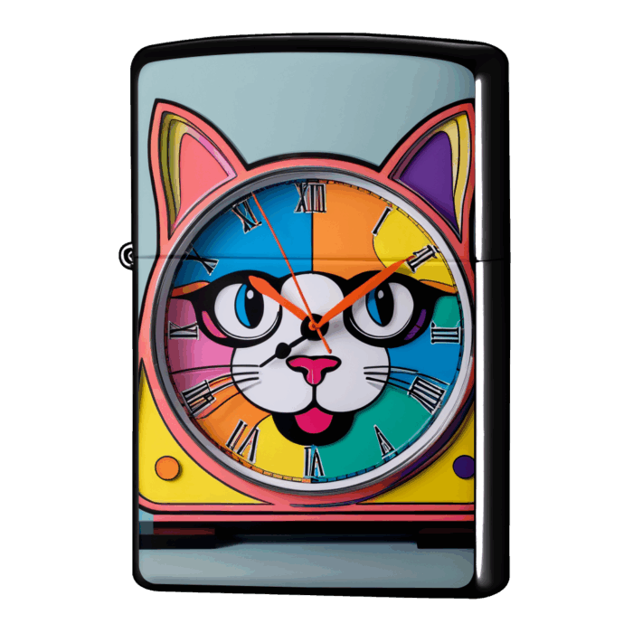カラフルな時計の猫ジッポーライターZIPPO