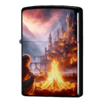 お城を見ながら焚火するエルフ・ジッポーライターZIPPO