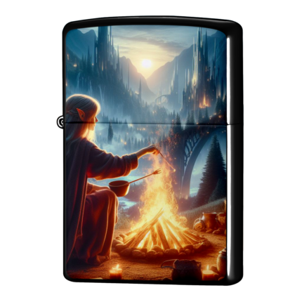 キャンプしながら食事の用意をするエルフ・ジッポーライターZIPPO