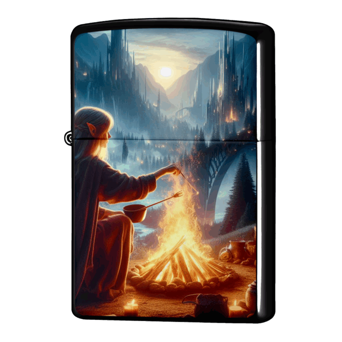 キャンプしながら食事の用意をするエルフ・ジッポーライターZIPPO