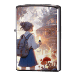 大きなカバンの少女が火をつけているジッポーライターZIPPO