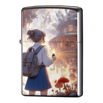 大きなカバンの少女が火をつけているジッポーライターZIPPO