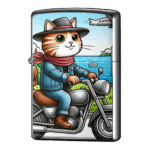 ツーリング猫バイクに乗ってジッポーライターZIPPO