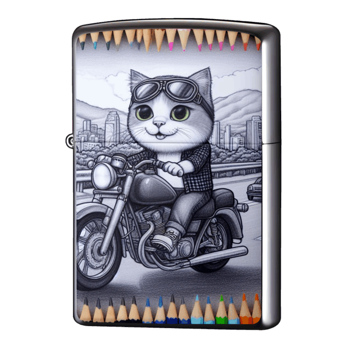 ツーリング猫バイク色鉛筆で描いてみたよジッポーライターZIPPO