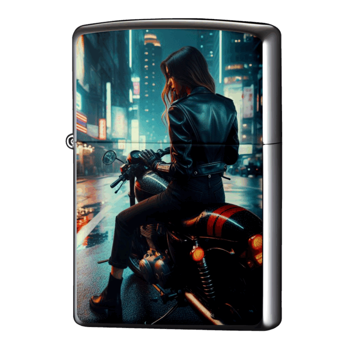 雨上がり革ジャン女子ライダーバイクジッポーライターZIPPO