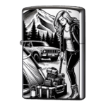 キャンプツーリングで女性の版画ジッポーライターZIPPO