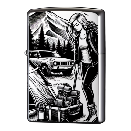 キャンプツーリングで女性の版画ジッポーライターZIPPO