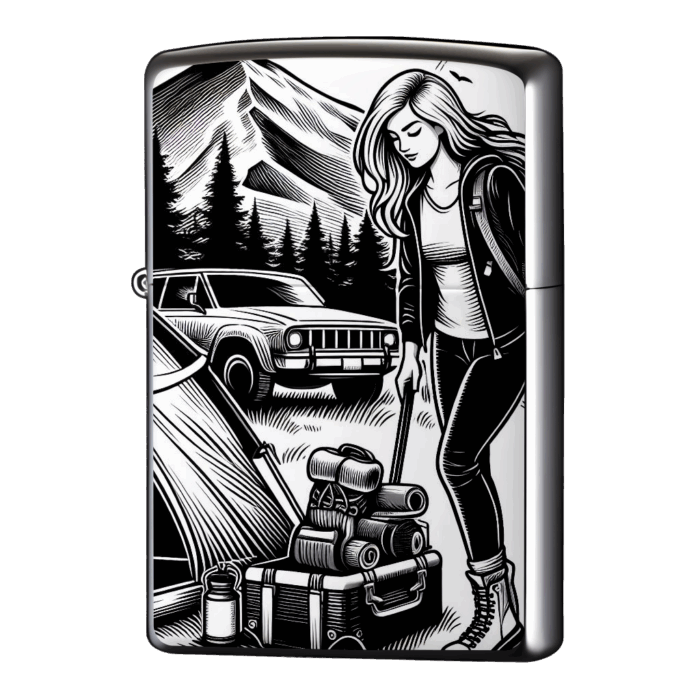 キャンプツーリングで女性の版画ジッポーライターZIPPO