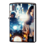 繁華街のバイク集団と女性ジッポーライターZIPPO