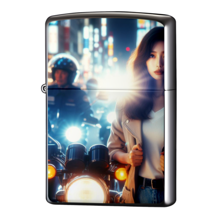 繁華街のバイク集団と女性ジッポーライターZIPPO