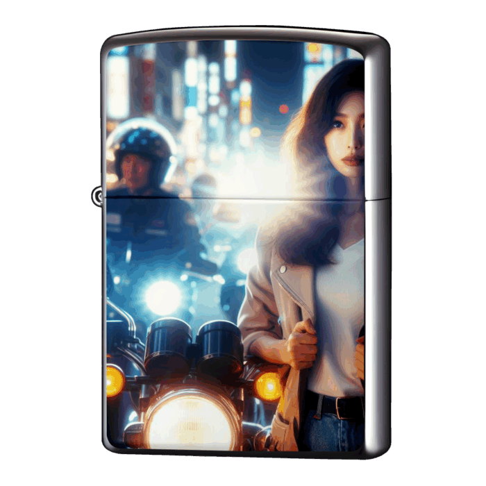 繁華街のバイク集団と女性ジッポーライターZIPPO