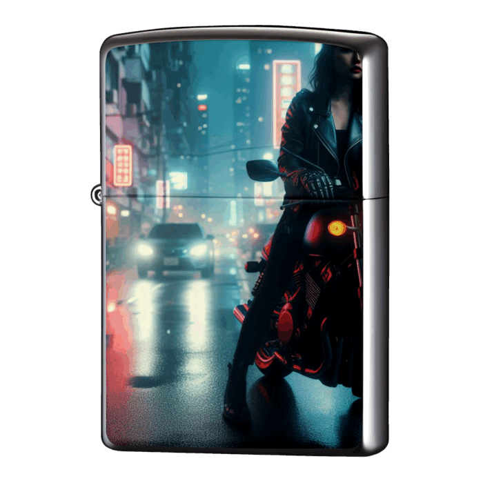 黒の革ジャン着てストリート女子ジッポーライターZIPPO