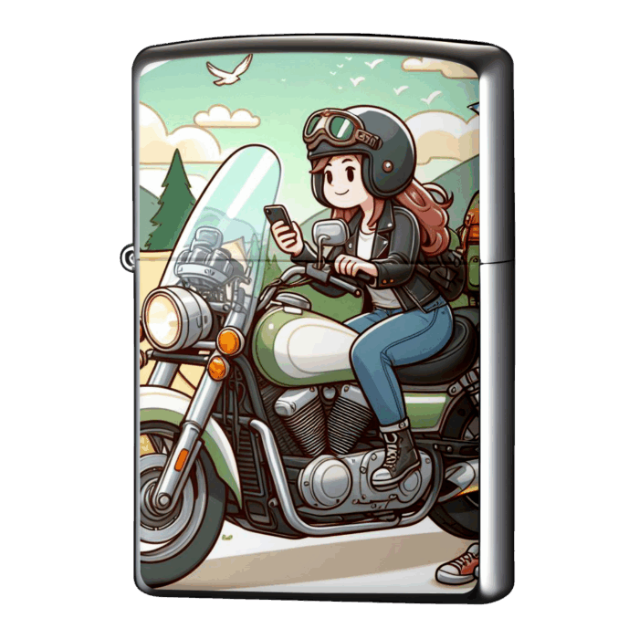 スマホ片手にバイク女の子ジッポーライターZIPPO