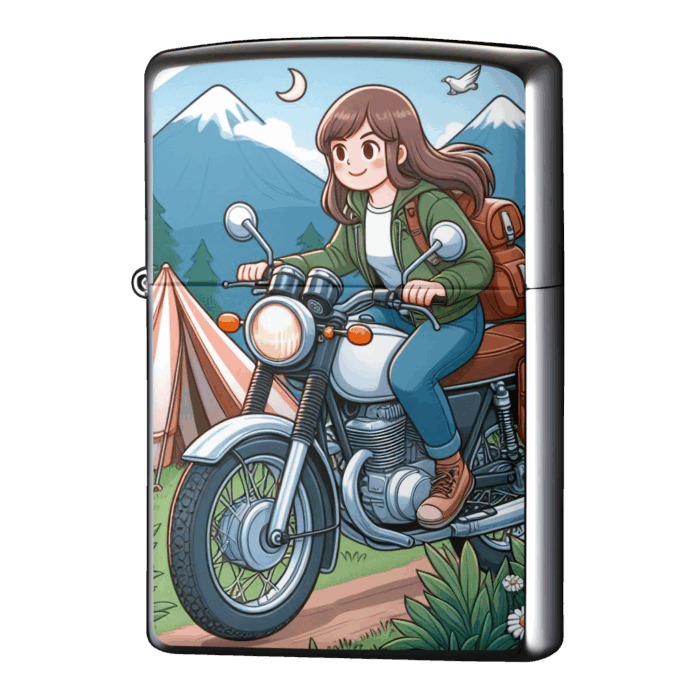 キャンプツーリングではりきる女の子ジッポーライターZIPPO