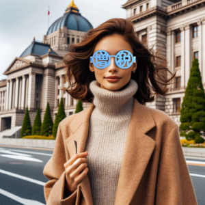 増税メガネをかける女性が国会議事堂前でファッショナブル