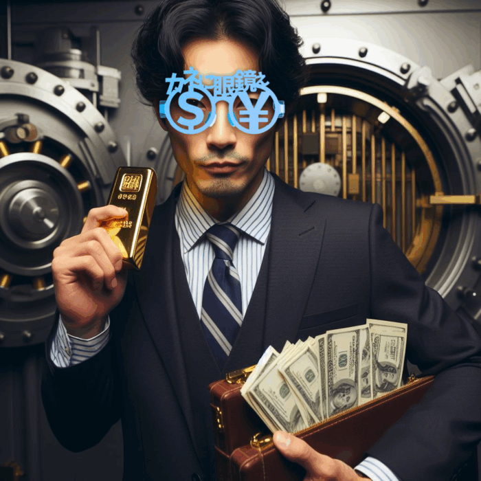 銀行の金庫室に男性カネに眼鏡ぇのだてメガネ　お金の欲求を満たす人の愛用眼鏡