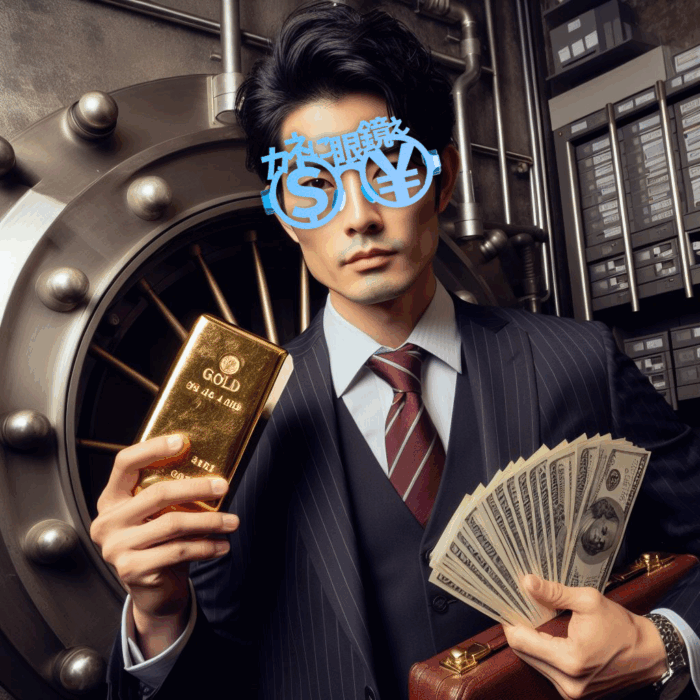 銀行の金庫室に男性カネに眼鏡ぇのだてメガネ　お金の欲求を満たす人の愛用眼鏡