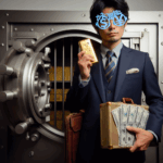 銀行の金庫室に男性カネに眼鏡ぇのだてメガネ　お金の欲求を満たす人の愛用眼鏡