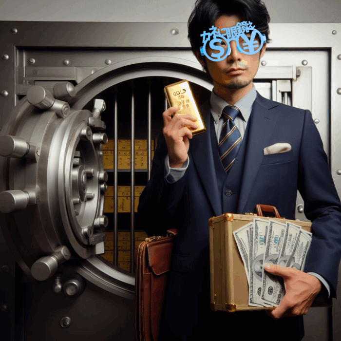 銀行の金庫室に男性カネに眼鏡ぇのだてメガネ　お金の欲求を満たす人の愛用眼鏡