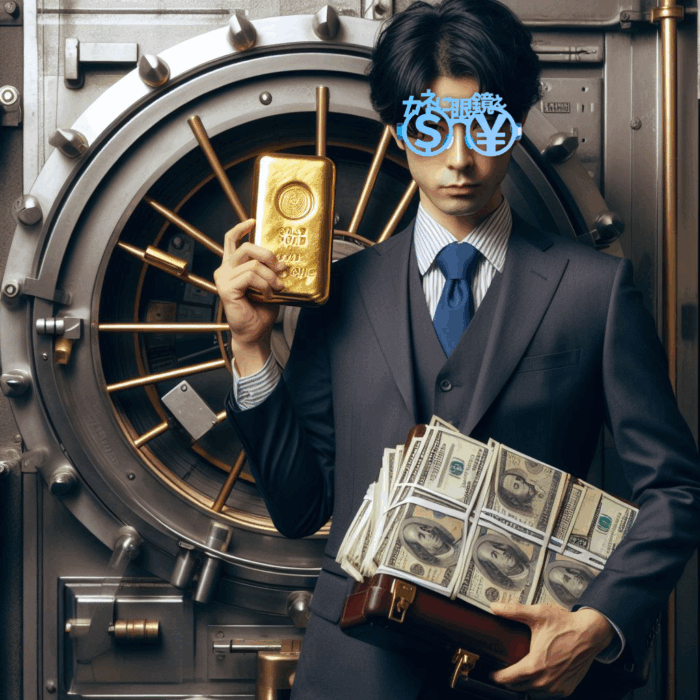 銀行の金庫室に男性カネに眼鏡ぇのだてメガネ　お金の欲求を満たす人の愛用眼鏡