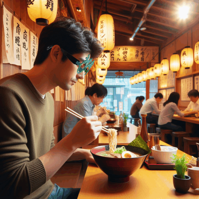 ラーメン命メガネでラーメンを食べる男性