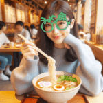 ラーメン命メガネでラーメンを食べる女性