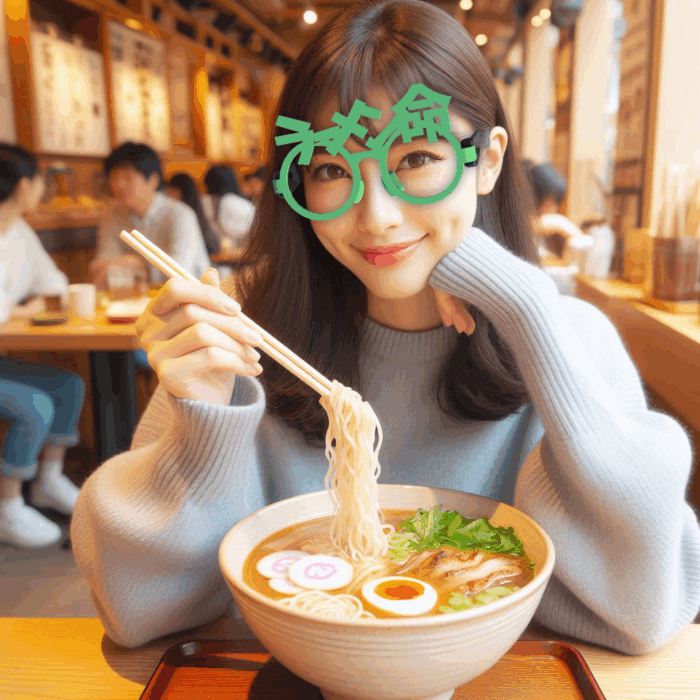 ラーメン命メガネでラーメンを食べる女性