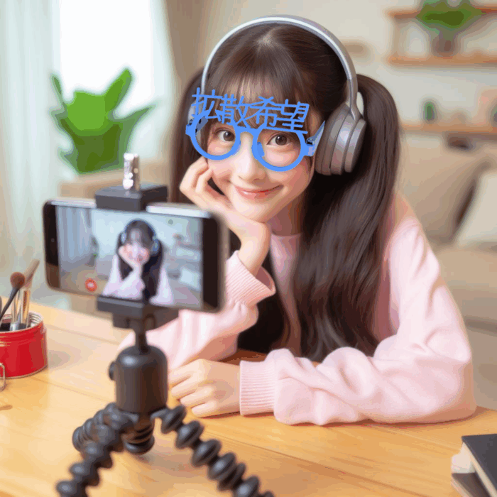 拡散希望の伊達めがねを女の子の配信者がかけている