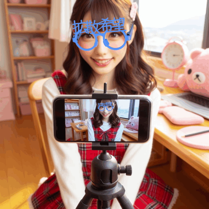 拡散希望の伊達めがねを女の子の配信者がかけている