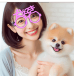 犬好き女の子が、伊達眼鏡をかけている。