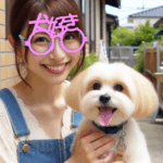 犬好き女の子が、伊達眼鏡をかけている。