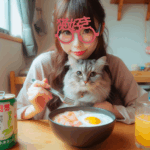 猫好きな日本人の女の子　猫と食事している写真　女の子はカメラ目線で