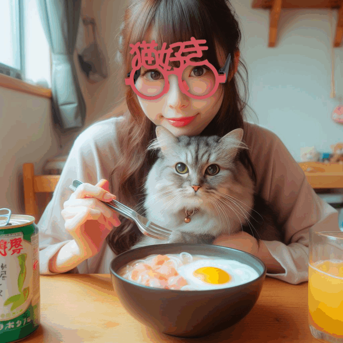 猫好きな日本人の女の子　猫と食事している写真　女の子はカメラ目線で
