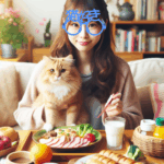 猫好きな日本人の女の子　猫と食事している写真　女の子はカメラ目線で