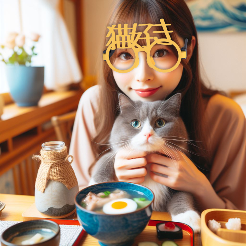 猫好きな日本人の女の子　猫と食事している写真　女の子はカメラ目線で