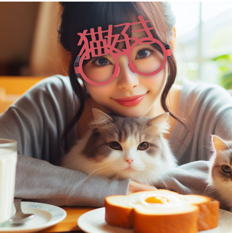 猫好きな日本人の女の子　猫と食事している写真　女の子はカメラ目線で