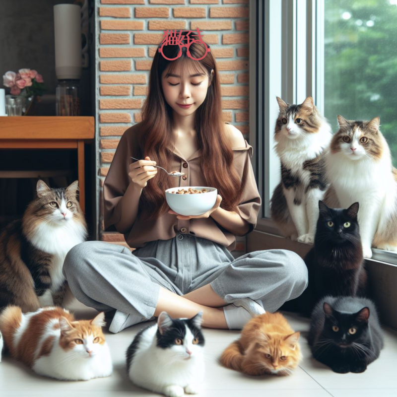 猫好きな日本人の女の子　猫と食事している写真