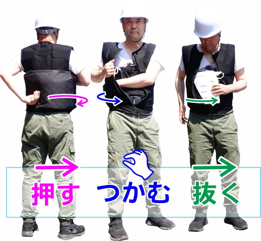 面水冷服爆速ボトル交換水冷服　着衣を脱がずにボトル交換ができる点です。