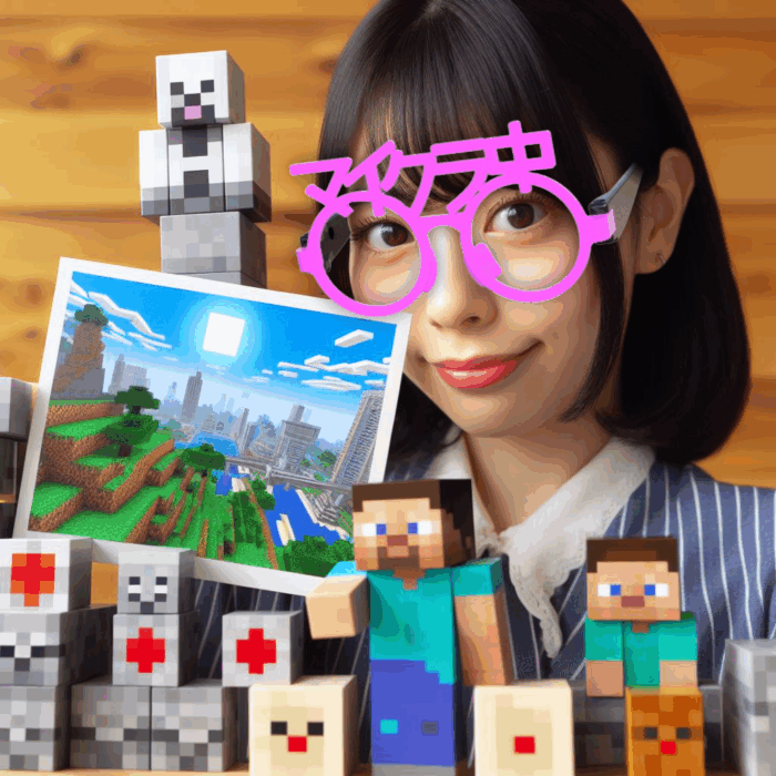 マインクラフト仕様 3Dプリント伊達眼鏡　ピンク　女性が眼鏡を勝てている
