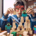 マインクラフト仕様 3Dプリント伊達眼鏡レッド　女性が眼鏡をしている