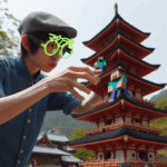 マインクラフト仕様 3Dプリント伊達眼鏡　グリーン男性が五重塔の前で
