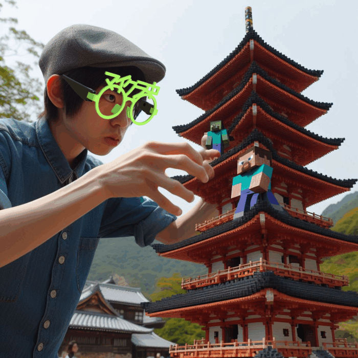 マインクラフト仕様 3Dプリント伊達眼鏡　グリーン男性が五重塔の前で