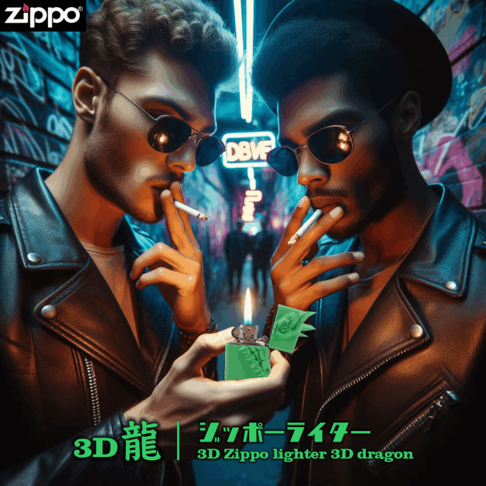 男性二人が龍のZIPPOを持つ